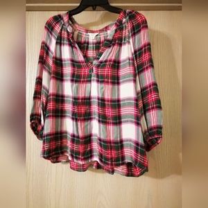 Crown and Ivy Red, Pink, White, Gold, & Green Plaid Dressy Shirt. Petite Medium.